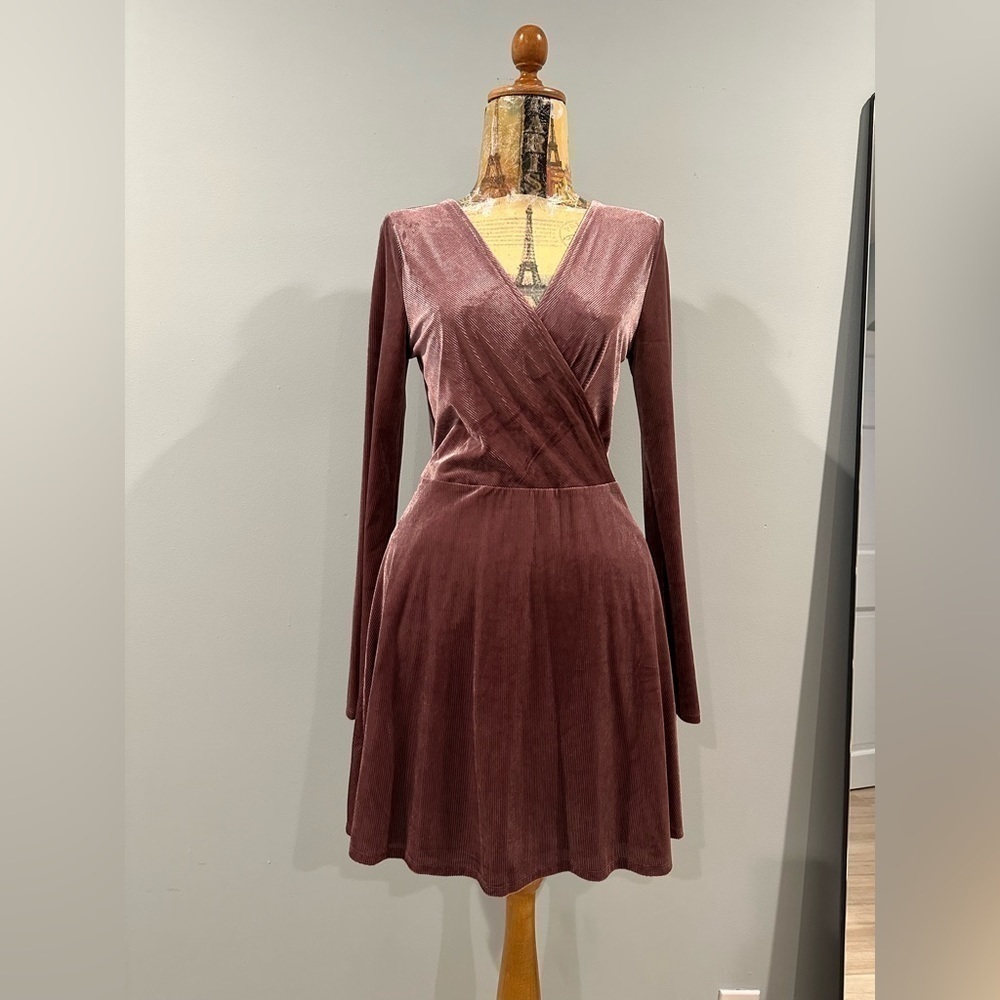 Express fit and flare long sleeve velvet dress mauve